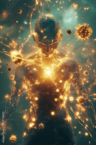 A radiant human body surrounded by a transparent energy shield, golden immune cells glowing and protecting from dark viral particles, vibrant colors, futuristic biological defense system