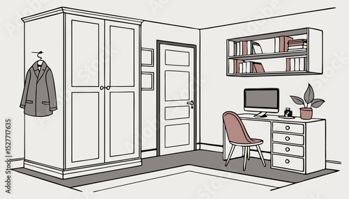 Modern home interior with wardrobe and workplace. Scandinavian-style room furnished with hanger, shelves, table, chair, cabinet and computer. 