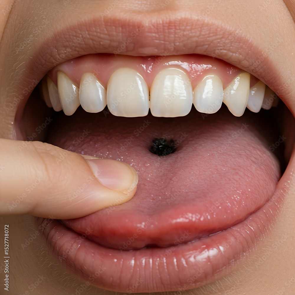 Obraz premium a person's tongue gently probing a tooth with a noticeable cavity, conveying a sense of discomfort and self-awareness of the problem.