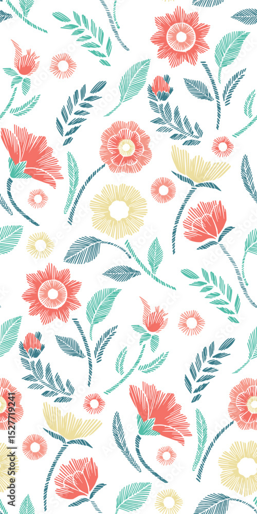 Fototapeta premium Floral Seamless Pattern with Embroidered Flowers and Leaves Vector