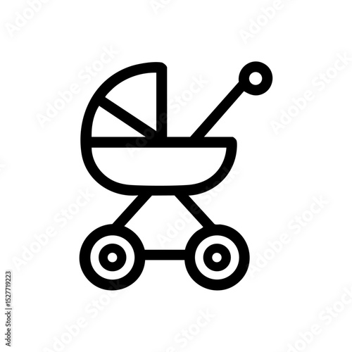 Minimalist baby stroller icon in clean black vector design.

