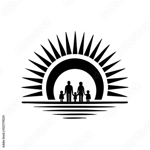 Black vector logo of a family silhouette standing in front of a stylized rising sun. Symbolic illustration of unity, warmth, and community under sunlight.




