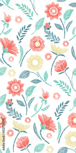 Floral Seamless Pattern with Embroidered Flowers and Leaves Vector