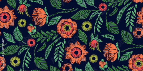 Floral Seamless Pattern with Embroidered Flowers and Leaves Vector