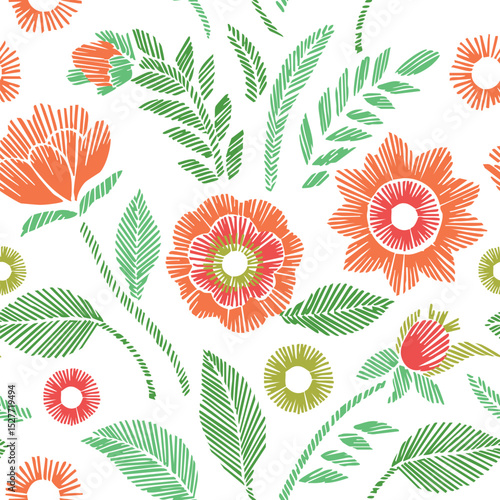 Floral Seamless Pattern with Embroidered Flowers and Leaves Vector