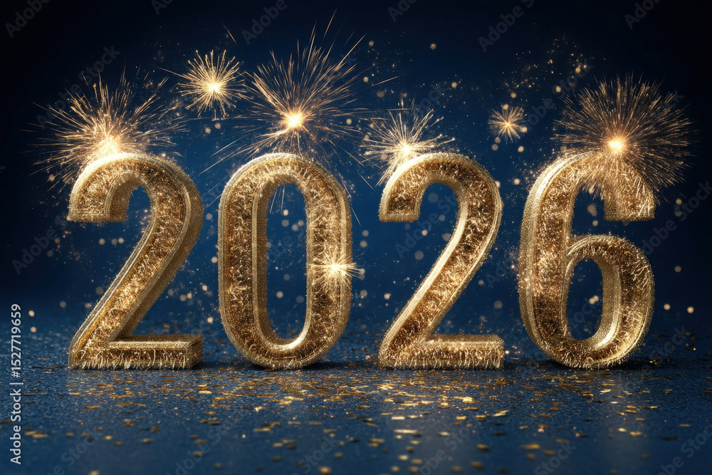 Golden 3d numbers 2026 with fireworks and confetti on dark blue background Golden 3d numbers 2026 with fireworks and confetti on dark blue background