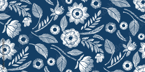 Floral Seamless Pattern with Embroidered Flowers and Leaves Vector