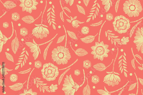Floral Seamless Pattern with Embroidered Flowers and Leaves Vector