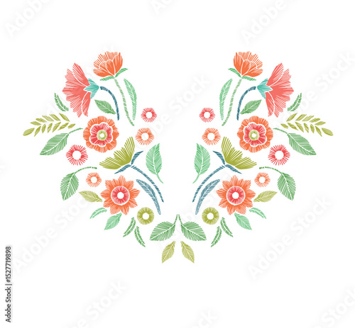 Floral Embroidered Neckline Design – Vector Illustration