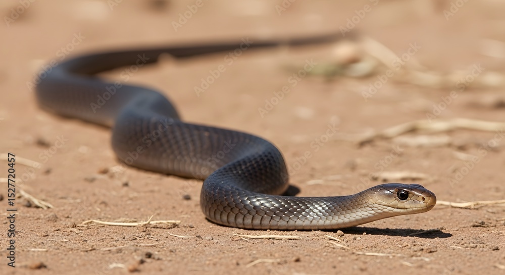 Fototapeta premium Black Mamba on the Ground: A sleek black mamba glides gracefully across the sandy ground, showcasing its distinctive form in a close-up shot.