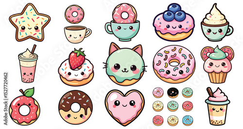 Cute kawaii desserts in pastel colors, vector illustration, perfect for stickers or kids decor