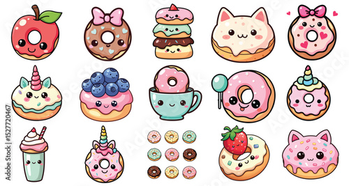 Cute Kawaii Dessert Icons, Pastel Colors, Perfect for Kids Decor and Stickers