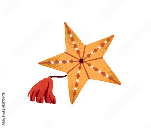 Golden Xmas star with trinket. Traditional Christmas tree toy, bauble. Cozy interior decoration for winter holidays. Home decor for New Year. Flat isolated vector illustration on white background