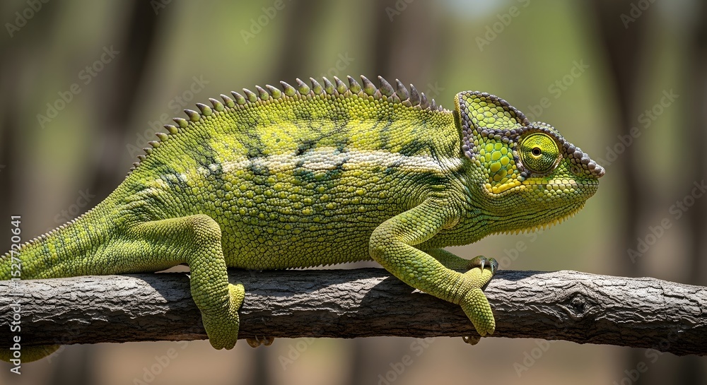 Naklejka premium Chameleon on a Branch: A stunning chameleon perches on a slender branch, showcasing its vibrant, textured skin and intricate, captivating eyes.