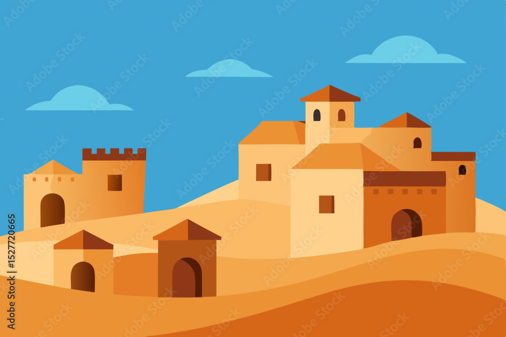 Desert Oasis Village Architectural Illustration of Ancient Buildings in Sandy Landscape Desert Oasis Village Architectural Illustration of Ancient Buildings in Sandy Landscape