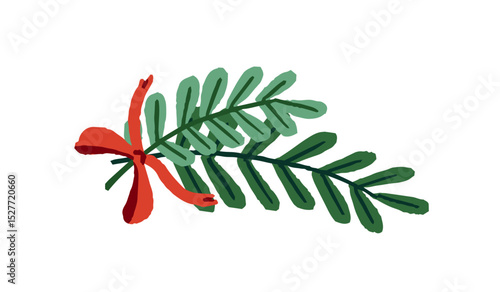 Tied branches of rowan with green leaves. Plant twigs decorated with red ribbon bow. Winter holiday design element. Christmas decor, Xmas decoration. Flat isolated vector illustration on white