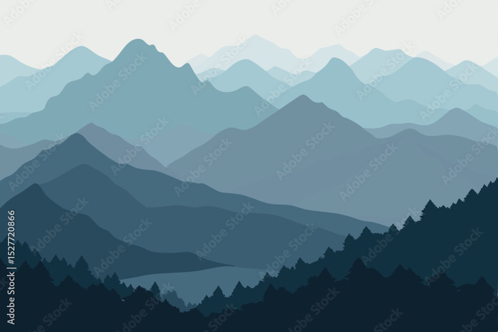 Naklejka premium Serene Blue Mountain Range A Panoramic View of Majestic Peaks and Tranquil Forests