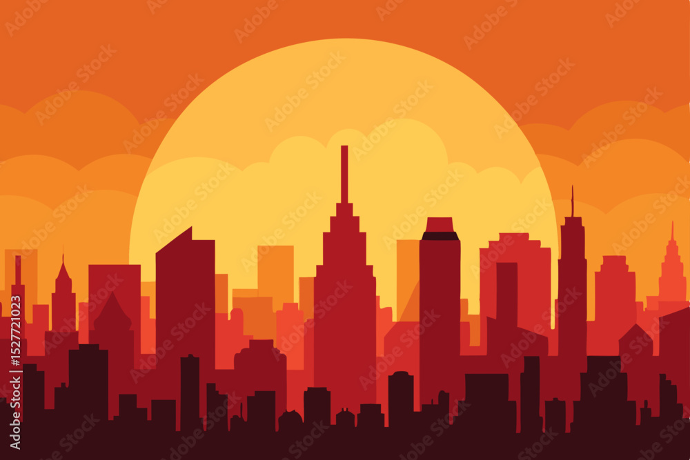 Fototapeta premium Sunset silhouettes of iconic city skylines, featuring Los Angeles and Seattle, against a vibrant urban sky