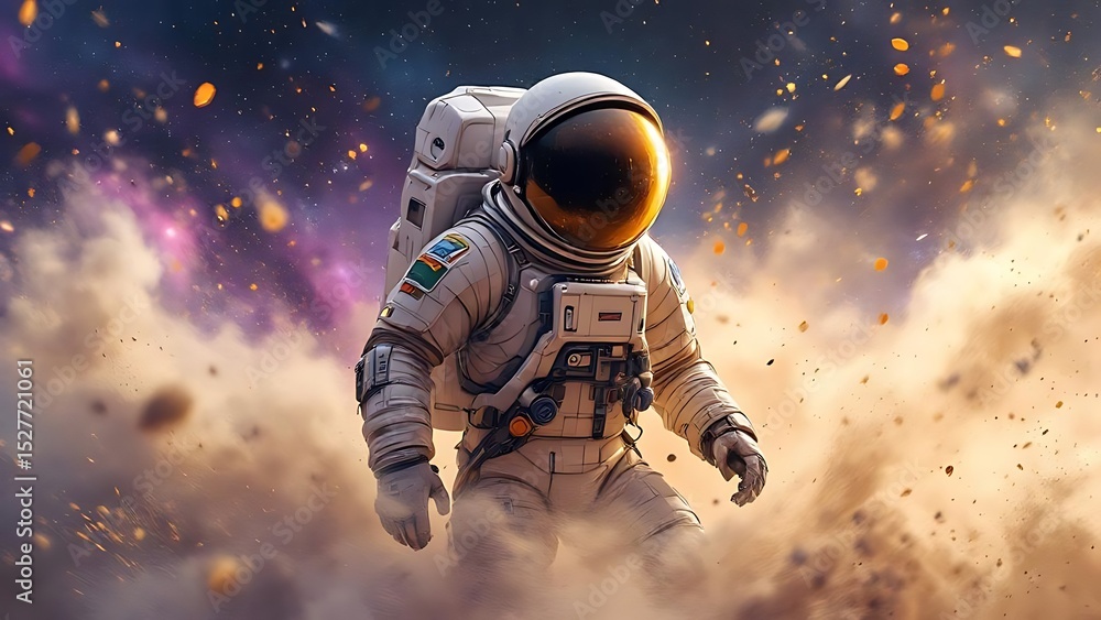 Astronaut stands amidst a swirling cosmic dust storm, surrounded by space particles and glowing light. Perfect for sci-fi art, futuristic concepts, or space exploration themes Astronaut stands amidst a swirling cosmic dust storm, surrounded by space particles and glowing light. Perfect for sci-fi art, futuristic concepts, or space exploration themes