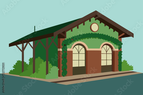 Vector illustration of an old European church with a blue sky, featuring architectural details of the roof, windows, and wooden structure