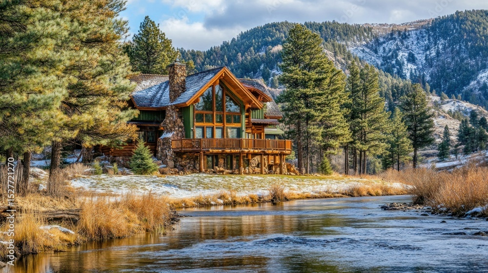Fototapeta premium Log cabin nestled beside a snow-covered stream, nestled in a mountain valley