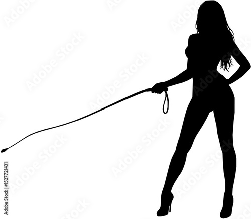 Young sexy woman standing with a whip. flat vector silhouette
