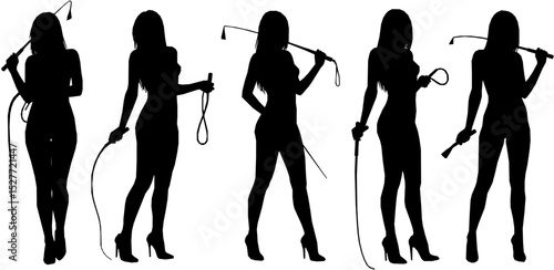 Young sexy woman standing with a whip. flat vector silhouette
