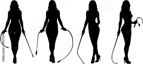 Young sexy woman standing with a whip. flat vector silhouette
