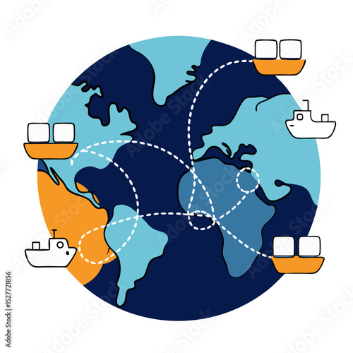Global delivery route map with ships for international logistics concept