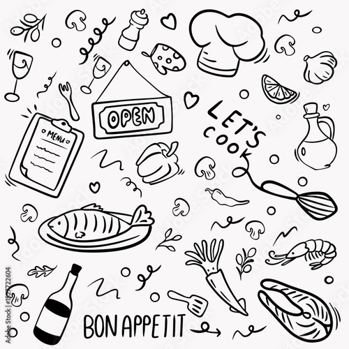 Fish, wine, doodle set of elements for cooking for restaurant menus and cooking