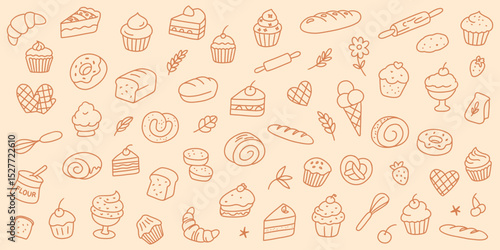 Hand drawn bakery and sweets doodle set with cakes, muffins, croissants, bread, and desserts. Linear pastry collection on beige background.