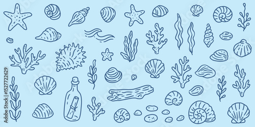 Hand drawn sea life doodle set with shells, corals, seaweed, starfish, driftwood, and bottle. Nautical vector clipart on blue background.