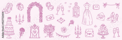 Hand drawn wedding clipart set with dresses, rings, cake, decor, and couple. Romantic linear bridal collection on soft background.