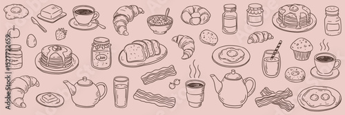 Hand drawn breakfast doodle set with coffee, eggs, toast, croissants, jam, tea pots and pastries. Vector sketch on pink background.