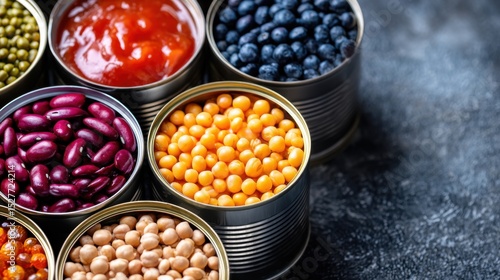 Colorful variety of canned foods in open metal tins arranged on dark textured surface perfect for food preservation visuals, pantry organization themes and long shelf life concepts