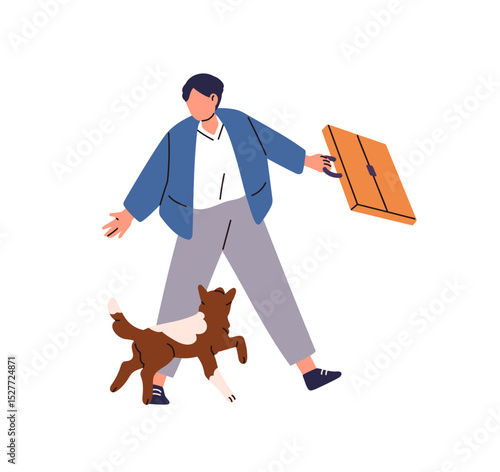 Student with schoolbag and puppy walk together. Funny dog meets cute kid after school. Happy little boy with briefcase strolls with his pup, has fun. Flat isolated vector illustration on white