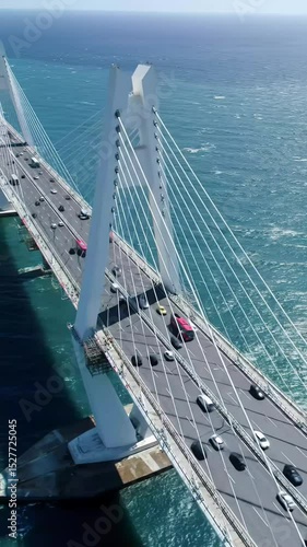 An expansive high-angle drone video of a majestic modern white cable-stayed bridge over a deep azure ocean, vehicles traversing, revealing a colossal tower and foreground pylon, evoking grand