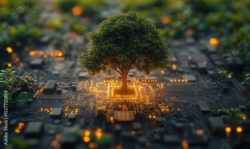 Eco-Tech.  A vibrant tree on a circuit board