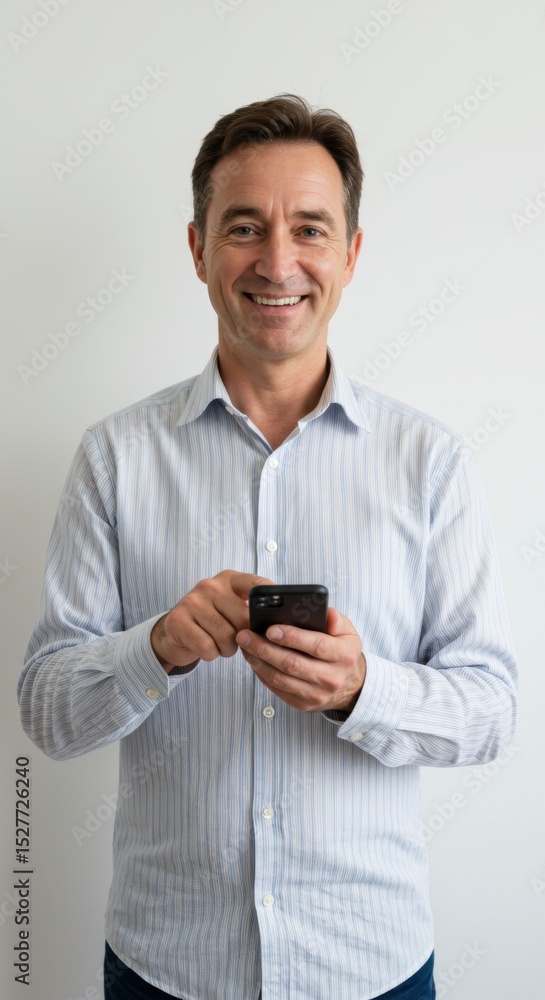 Man Smiling and Holding a Smartphone on a Light Background Man Smiling and Holding a Smartphone on a Light Background