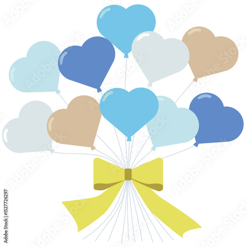 シンプルでカラフルなリボン付きハート風船　青系色　ベクターイラスト　プレゼント　誕生日　お祝い用