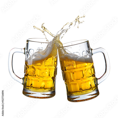 Two beer mugs toasting cheers isolated on transparent background