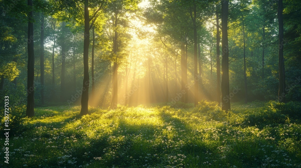 Naklejka premium serene forest glade illuminated by soft morning light, Generative AI