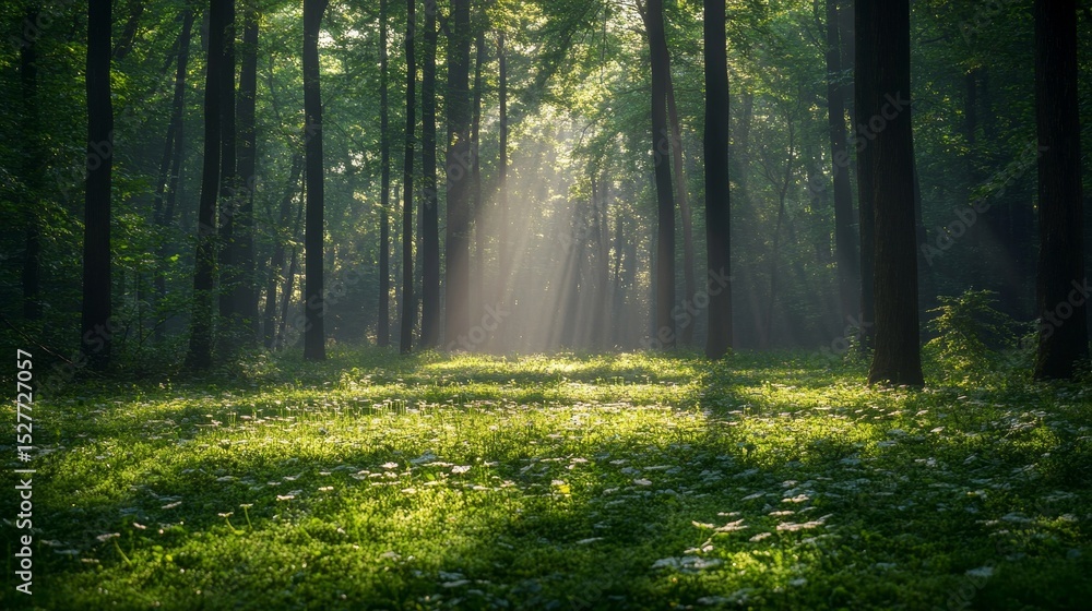 Obraz premium serene forest glade illuminated by soft morning light, Generative AI