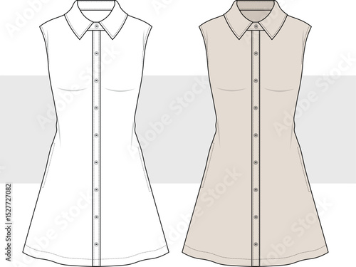 Polo neck sleeveless shirt  dress technical fashion illustration, vector. Mini summer dress fashion flat sketch technical drawing template, CAD, mockup set