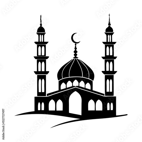 An architectural vector silhouette showcasing mosques and the Taj Mahal with domes and towering minarets under the sky, symbolizing religious landmarks for travel and tourism in Istanbul, Kazan, and I