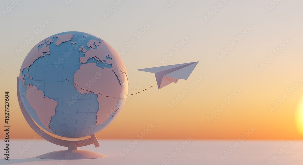 Fototapeta premium Paper globe and paper plane in minimalistic sunset background 