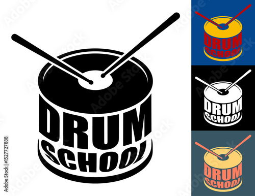 Isometric emblem of musical drum school. Percussion musical instrument. Drum with drumsticks musical sign. Simple top view vector