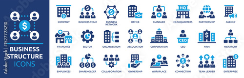 Business structure icon set. Company, office, business network, hierarchy, employees, organization, agency, workplace, corporation and more. Solid vector icons collection.