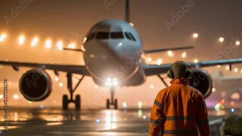 An airport worker guides a commercial airplane at night. Lights illuminate the scene creating a dramatic atmosphere with an aircraft in the background.