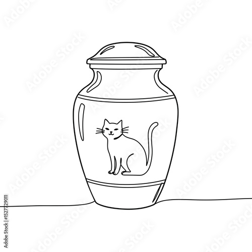 Cat cremation urn with pet outline, single line memorial illustration